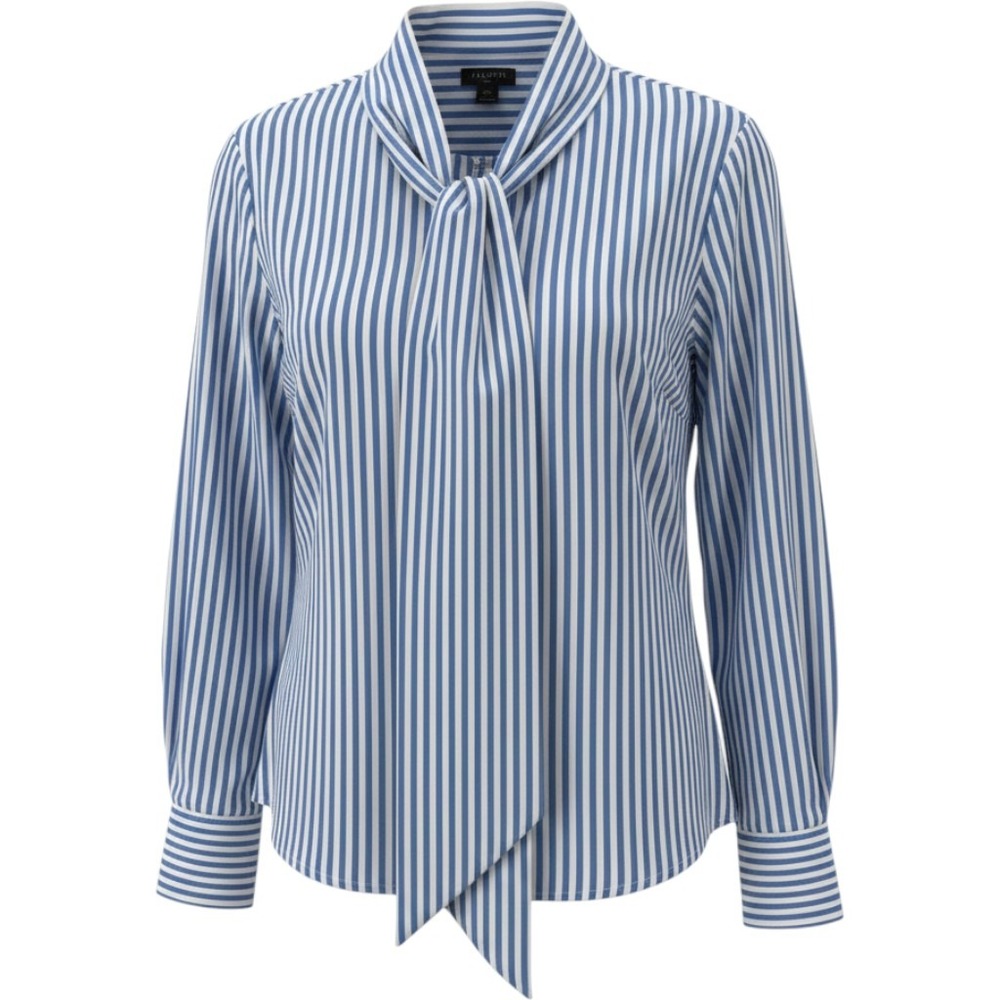 Talbots Cotton Striped Blouse Women 10 Blue White Tie Neck Gold Button Accents